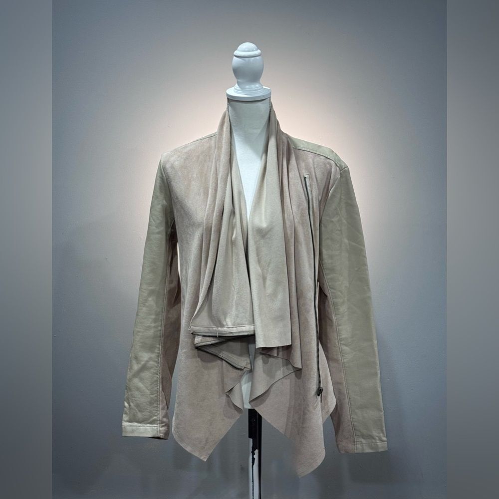 Cream Blank NYC Faux Leather Drape Front Jacket Size L EUC
